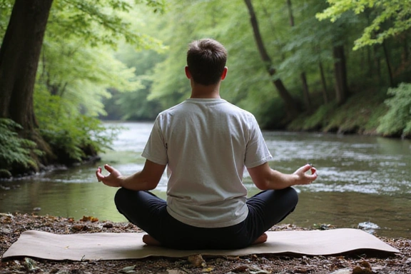 Ein Mann meditiert ruhig in einer natürlichen Umgebung, symbolisierend mentales Wohlbefinden.