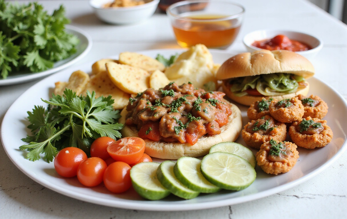 Ein reichhaltiges, gesundes Mahl auf einem sauberen weißen Tisch, in natürlichem Licht.